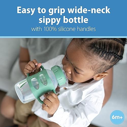 Dr. Brown's Milestones Wide-Neck Sippy Spout Bottle with 100% Silicone Handles, Easy-Grip Handles with Soft Sippy Spout, 9oz/270mL, Green & Gray, 2-Pack, 6m+ - Jamouz