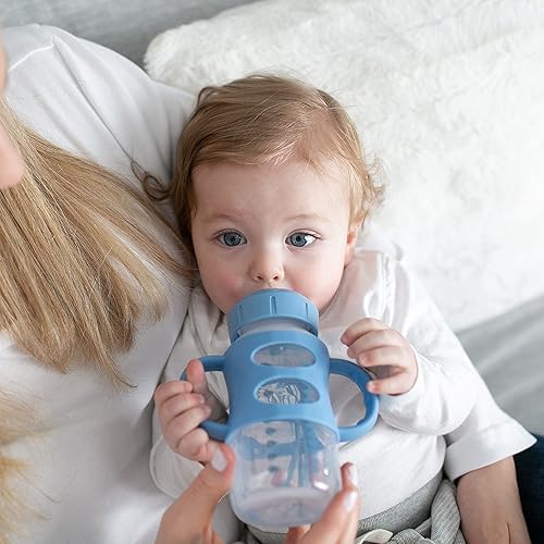 Dr. Brown's Milestones Wide-Neck Sippy Spout Bottle with 100% Silicone Handles, Easy-Grip Handles with Soft Sippy Spout, 9oz/270mL, Green & Gray, 2-Pack, 6m+ - Jamouz