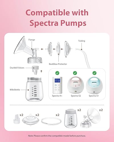 Breast Pump Parts Compatible with Spectra S1/S2/9 Plus, Not Original Accessories, Full Set Replacements Include 24mm Flanges, Valves, Backflow Protectors (Duckbills Included), Tubings and Bottles - Jamouz