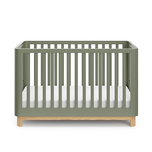 Storkcraft Santos 3-in-1 Convertible Crib (White with Natural) – GREENGUARD Gold Certified, Fits Standard Crib Mattress, Converts to Toddler Bed, Modern Style, Rounded Designer Details - Jamouz