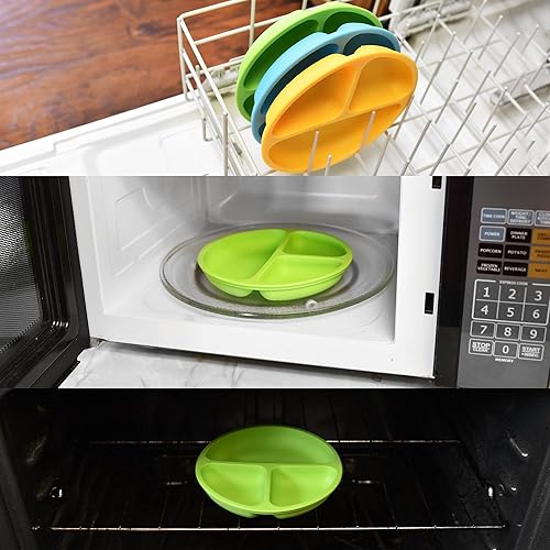 PandaEar Divided Unbreakable Silicone Baby and Toddler Plates - 3 Pack - Non-Slip - Dishwasher and Microwave Safe - Silicone (Blue Green Brown) - Jamouz