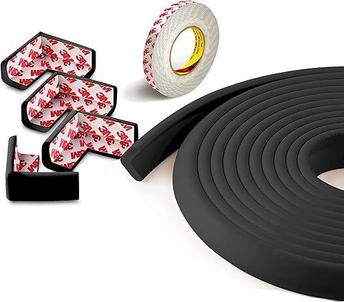 Baby Proof Corners and Edges with Furniture Corner & Edge Safety Bumpers, Impact-Absorbent 18ft Bumper & 8 Foam Corner Protectors, Cushy, Thick, Odorless Table Edge Protectors for Baby, Child | Black - Jamouz