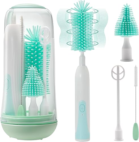 Electric Bottle Brush Cleaner, Rechargable Electric Baby Bottle Brush for Travel, Waterproof Electric Bottle Cleaner Set with Nipple & Straw Brush, Perfect Essentials Gift for Mom After Birth, Green - Jamouz