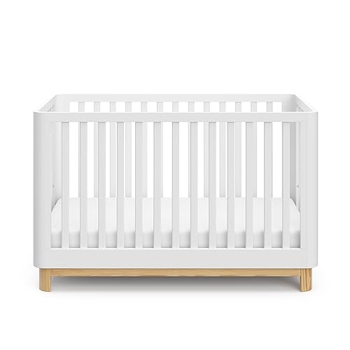 Storkcraft Santos 3-in-1 Convertible Crib (White with Natural) – GREENGUARD Gold Certified, Fits Standard Crib Mattress, Converts to Toddler Bed, Modern Style, Rounded Designer Details - Jamouz