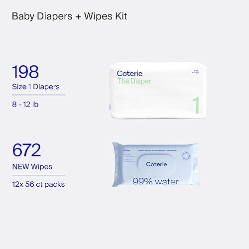 Coterie Baby Diapers + Wipes Baby Kit, Size 1 (99 Count) Size 2 (186 Count) 4 Wipe Packs (224 Wipes) Made with Plant Derived Fibers, Hypoallergenic, Designed for Sensitive Skin, Clean Ingredients - Jamouz