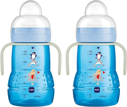 MAM Plastic Trainer Cup (1 Count), Trainer Drinking Cup with Extra-Soft Spout, Spill-Free Nipple, and Non-Slip Handles, for Boys 4+ Months, Eight Ounces, Designs May Vary - Jamouz