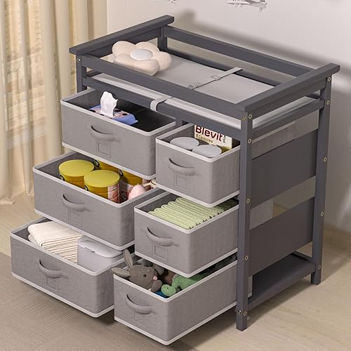 YUFU Changing Table, Nursery Dresser with 6 Storage Drawers, Safety Rails & Strap, Baby Diaper Changing Station, Gray - Jamouz