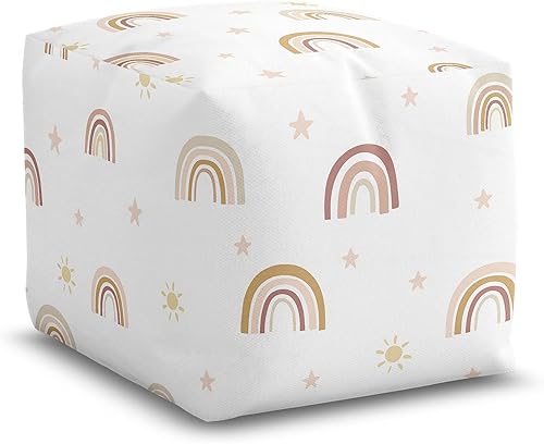 Sweet Jojo Designs Boho Rainbow Girl Ottoman Pouf Cover Unstuffed Poof Floor Footstool Square Cube Pouffe Storage Baby Nursery Kids Room Blush Pink Yellow Bohemian Modern Neutral Vintage Taupe Beige - Jamouz