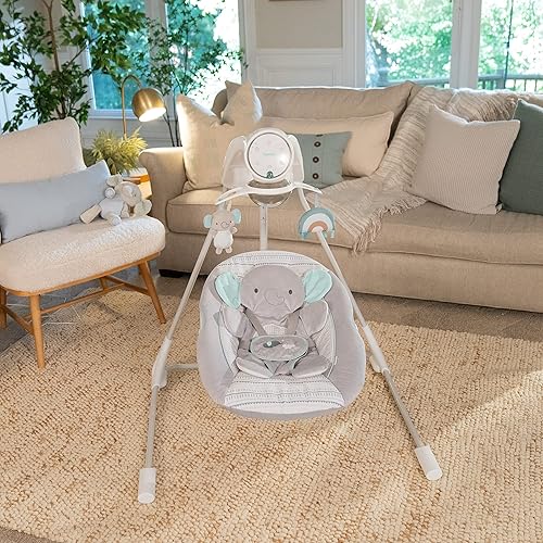 Ingenuity InLighten 5-Speed Baby Swing - Swivel Infant Seat, 5 Point Safety Harness, Nature Sounds, Lights - Nally Owl - Jamouz