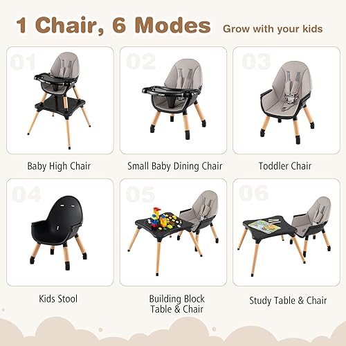 BABY JOY 5 in 1 High Chair, Convertible High Chairs for Babies and Toddlers/Booster Seat/Table and Chair Set, Infant Wooden Highchair w/ 5-Point Harness, 4-Position Removable Tray & PU Cushion, Coffee - Jamouz