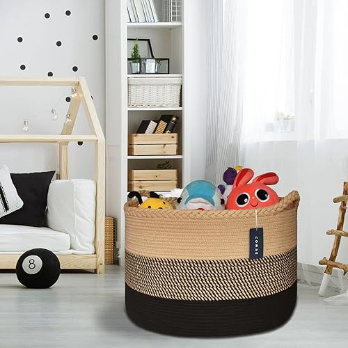 COMSE Extra Large Blanket Basket, Storage Basket, Laundry Basket, 21.7”x 13.8”, Laundry Hamper, Cotton Rope Basket, Blanket Basket Living Room, Toy Basket (White & Cadet Blue & Navy Blue) - Jamouz