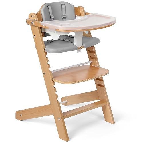 Cowiewie 3-in-1 Convertible Natural Wooden High Chair for Babies & Toddlers 3-Tier Remove & 2 Adjustable Wood Tray & 8 Levels Adjustable, 2 Waterproof Cozy Cushions Grey - Jamouz