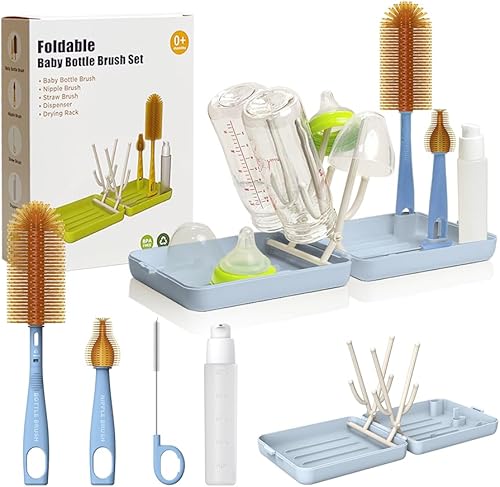YOTIME Travel Bottle Brush, Travel Bottle Cleaner Kit with Foldable Bottle Drying Rack, for Visit Friends and Relations, Baby Travel Essentials, BPA Free, White - Jamouz