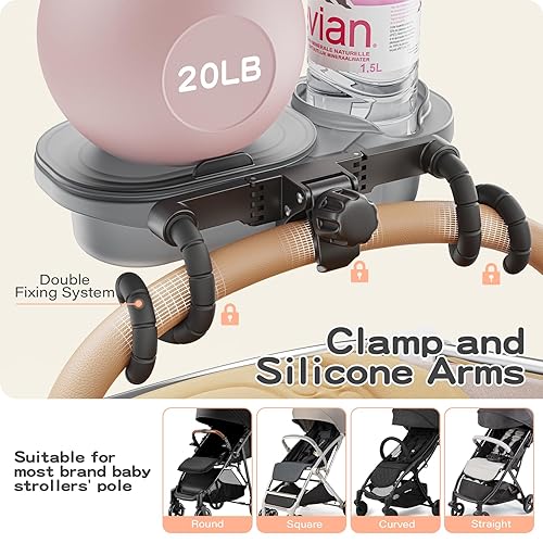 3-in-1 Universal Stroller Snack Tray Attachment with Dust Cover Sturdy Stroller Cup & Snack & Phone Holder Hook and Silicone Arms Grip Design Baby Travel Gear Accessories Detachable Dishwasher-Safe - Jamouz