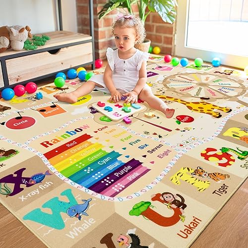 Large Playroom Rug Daycare Kids Rug 7x10,Educational and Fun Nursery Rug with ABC Alphabet Animals Classroom Rug Washable Kids Play Mat Baby Toddler Children Girls Rugs for Bedroom,Beige - Jamouz