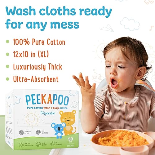 Peekapoo - Disposable Cotton Wash Cloths (50 Pack), Biodegradable, Soft, Thick, Baby Burp Cloths, Unscented, Hypoallergenic Burping Cloth, Sensitive Skin - Jamouz