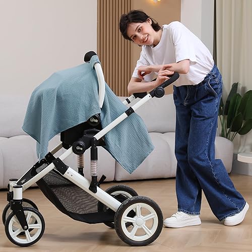 100% Muslin Cotton Car Seat Cover Baby, Carseat Canopy Cover, Universal Fit Stroller Covers for Boys and Girls (Roman Green) - Jamouz