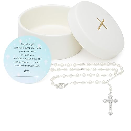 Sweet Treasures Gift – Baptism Gifts for Boys, First Rosary with Ceramic Keepsake Box and Card, Catholic Communion Gift, Christening and Baby Shower Rosary Beads, Blue - Jamouz