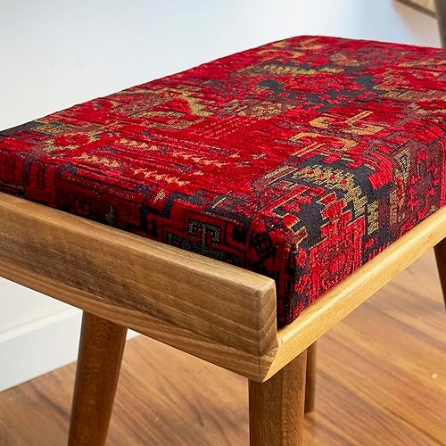 Walnut Ottoman Stool for Living Room | Upholstered in Crowbar Pattern Fabric | Versatile as a Piano Bench | Ideal Bedroom Bench | Functional Footstool Bench - Jamouz