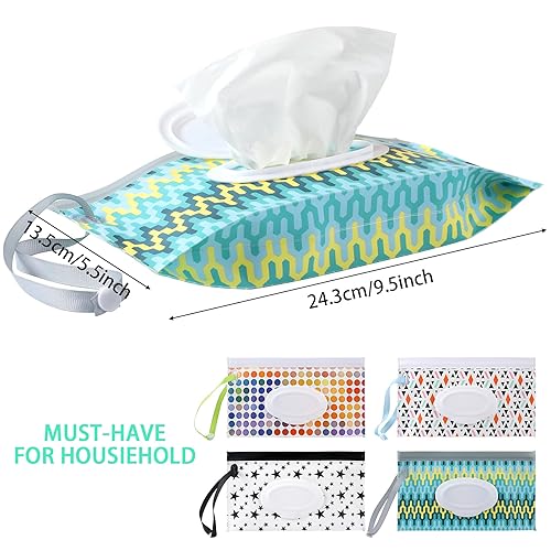 FEBSNOW 4 Pack Baby Wipe Dispenser, Portable Refillable Wipe Holder, Baby Wipes Container, Wipe Dispenser, Reusable Travel Wet Wipe Pouch (Geometric) - Jamouz