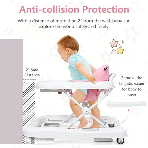 INFANS Foldable Baby Walker, 3 in 1 Toddler Walker Learning-Seated Walk-Behind for Boys and Girls, Adjustable Speed Rear Wheels, Safety Bumper, Detachable Seat Cover, Anti-Rollover (Pink) - Jamouz
