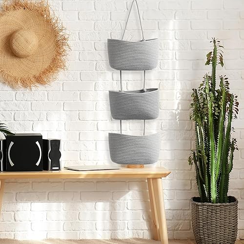 TeoKJ Over the Door Hanging Basket, 3-Tier Woven Cotton Wall-Mounted Storage Organizer Bag Decorative Hanging Nursery Baskets - Jute - Jamouz