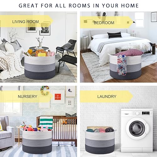 COMSE Extra Large Blanket Basket, Storage Basket, Laundry Basket, 21.7”x 13.8”, Laundry Hamper, Cotton Rope Basket, Blanket Basket Living Room, Toy Basket (White & Cadet Blue & Navy Blue) - Jamouz