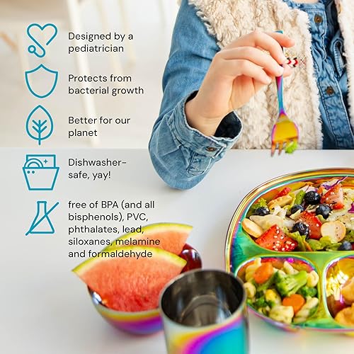 Ahimsa Stainless Steel Kids Dinnerware Set - 5 Piece Stainless Steel Toddler Plates and Bowls Set, Pediatrician Designed, Non Toxic Toddler Plate and Bowl, Kids Utensils and Cup (Rainbow) - Jamouz