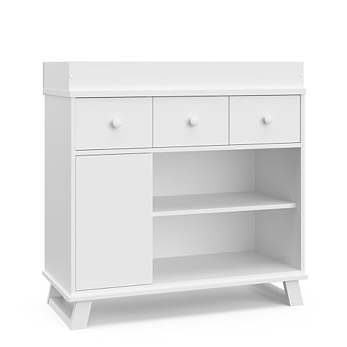 Storkcraft Modern Nursery Changing Table Dresser (White with White) – GREENGUARD Gold Certified, Baby Dresser With Changing Table Top, Dresser for Nursery, Changing Table With Drawers - Jamouz
