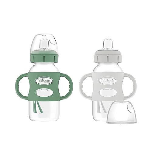 Dr. Brown's Milestones Wide-Neck Sippy Spout Bottle with 100% Silicone Handles, Easy-Grip Handles with Soft Sippy Spout, 9oz/270mL, Green & Gray, 2-Pack, 6m+ - Jamouz