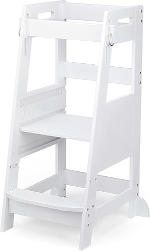 TOETOL Bamboo Toddler Kitchen Step Stool White Helper Standing Tower Height Adjustable with Anti-Slip Protection for Kids Kitchen Counter Learning - Jamouz
