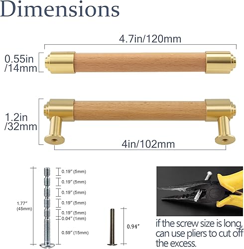 Modern Mid Century Brass and Wood Cabinet Pulls 3 Inch Center to Center Hole 4Pack Kitchen Drawer Handle Unfinished Dresser Knob for Closet Cupboard Wardrobe Brushed Finish - Jamouz