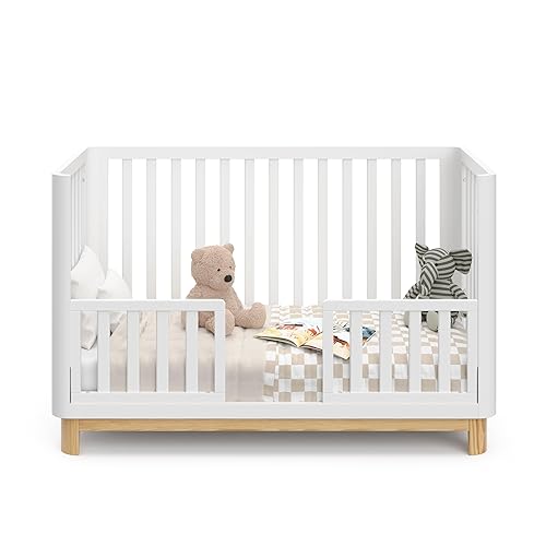Storkcraft Santos 3-in-1 Convertible Crib (White with Natural) – GREENGUARD Gold Certified, Fits Standard Crib Mattress, Converts to Toddler Bed, Modern Style, Rounded Designer Details - Jamouz