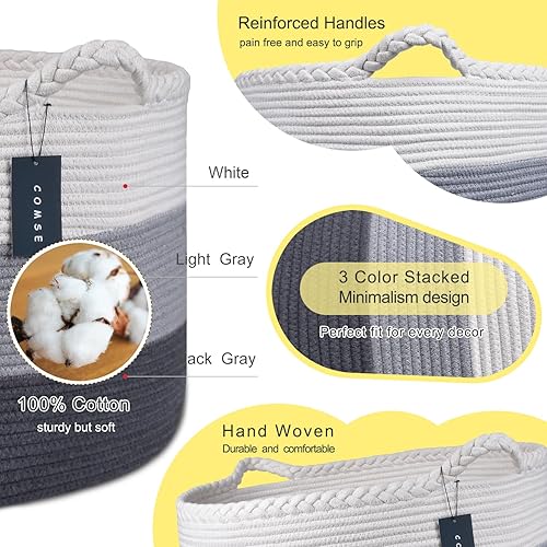 COMSE Extra Large Blanket Basket, Storage Basket, Laundry Basket, 21.7”x 13.8”, Laundry Hamper, Cotton Rope Basket, Blanket Basket Living Room, Toy Basket (White & Cadet Blue & Navy Blue) - Jamouz