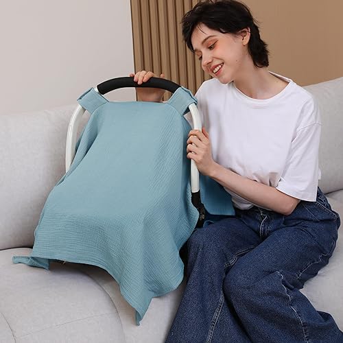 100% Muslin Cotton Car Seat Cover Baby, Carseat Canopy Cover, Universal Fit Stroller Covers for Boys and Girls (Roman Green) - Jamouz