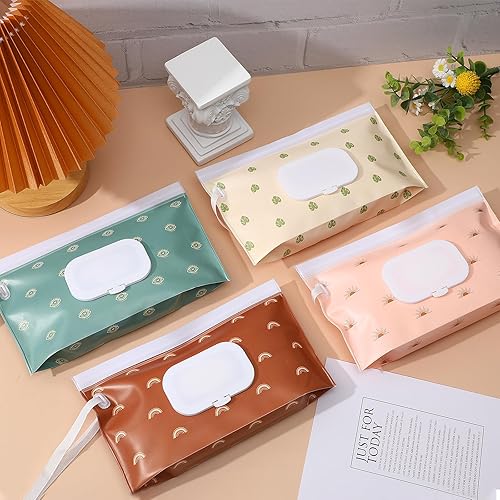 FEBSNOW 4 Pack Baby Wipe Dispenser, Portable Refillable Wipe Holder, Baby Wipes Container, Wipe Dispenser, Reusable Travel Wet Wipe Pouch (Geometric) - Jamouz