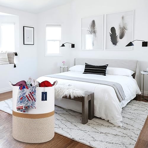 COMSE Extra Large Blanket Basket, High Storage Basket, Tall Rope Laundry Basket, 15.7”x 21.7”, Cotton Rope Basket, XXXL Laundry Basket, Toy Basket, Clothes Baskets,White/Cadet Blue/Navy Blue - Jamouz