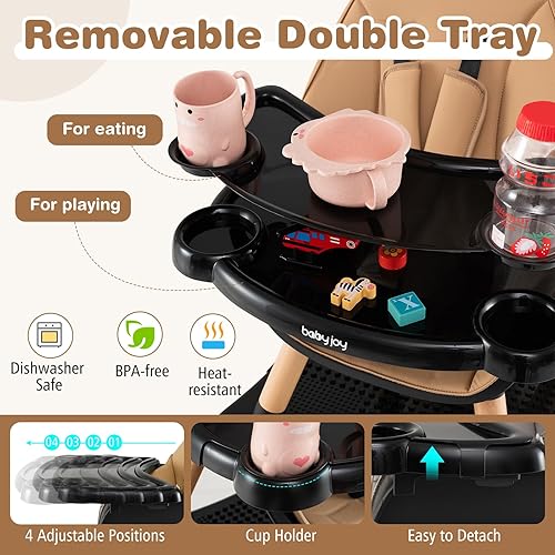 BABY JOY 5 in 1 High Chair, Convertible High Chairs for Babies and Toddlers/Booster Seat/Table and Chair Set, Infant Wooden Highchair w/ 5-Point Harness, 4-Position Removable Tray & PU Cushion, Coffee - Jamouz