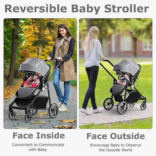 INFANS 2 in 1 Baby Stroller, High Landscape Infant Stroller & Reversible Bassinet Pram, Foldable Pushchair with Adjustable Canopy, Cup Holder, Storage Basket, Suspension Wheels (Grey) - Jamouz