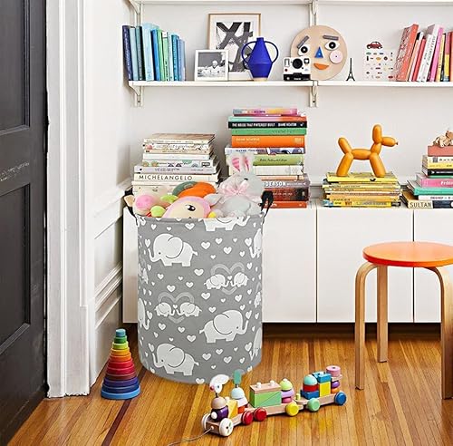Round Elephant Pattern Laundry Hamper Storage Basket Organizer Hamper Storage Bins for Clothes Toys Box Nursery Hamper Gift Basket with Handles - Jamouz
