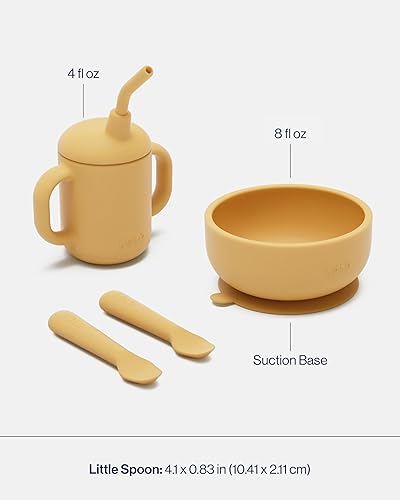 Lalo First Bites Silicone Baby Feeding Set - Baby Led Weaning Supplies - Non-Toxic Silicone - Includes 2 Bibs, 2 Spoons, Training Cup, Suction Plate and Bowl - 6 Pieces - Sage - Jamouz