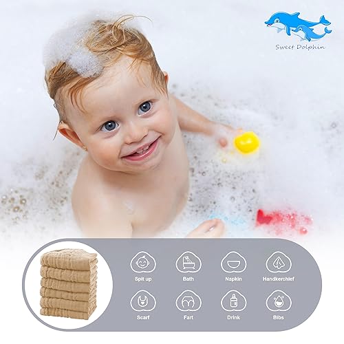 SWEET DOLPHIN 12 Pack Baby Muslin Washcloths - Soft Face Cloths for Newborn, Absorbent Bath Wash Cloths, Wipes, Burp Rag - Toddlers Essentials Stuff, Baby Registry as Shower -10'x10', Multicolor - Jamouz