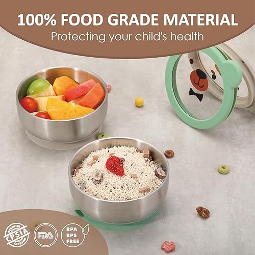 MR. CHOU Baby Bowls with Non-Slip Silicone Suction Cup, Insulated Double-Layer 304 Stainless Steel Toddler Bowls with BPA Free Airtight Lids, Food-Grade Silicone Safe for Kids (Beige) - Jamouz