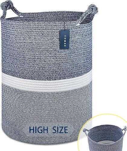 COMSE Extra Large Blanket Basket, High Storage Basket, Tall Rope Laundry Basket, 15.7”x 21.7”, Cotton Rope Basket, XXXL Laundry Basket, Toy Basket, Clothes Baskets,White/Cadet Blue/Navy Blue - Jamouz