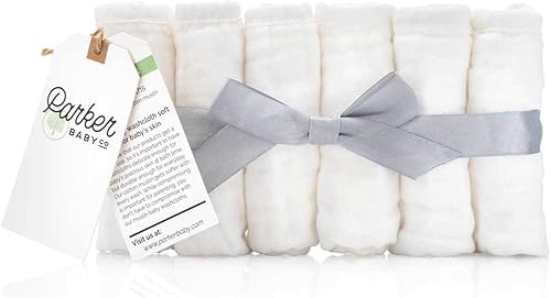 Parker Baby Washcloths - 6 Pack of 100% Cotton Muslin Wash Cloths - Soft, Absorbent and Natural - White - Jamouz