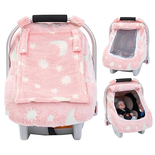 Car Seat Cover Baby, Infant Car Seat Cover Glow in The Dark, Cozy & Warm Carseat Canopy for Girls Boys, Windproof Baby Carrier Cover with Zipper Peep Windows for Baby Registry Essentials - Jamouz