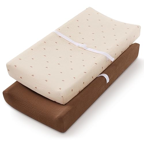 Blissful Diary Muslin Changing Pad Cover for Girls Boys, Ultra Soft Breathable Cotton, Baby Diaper Change Table Pad Covers, 2Pack (Roman Green&Leaf) - Jamouz