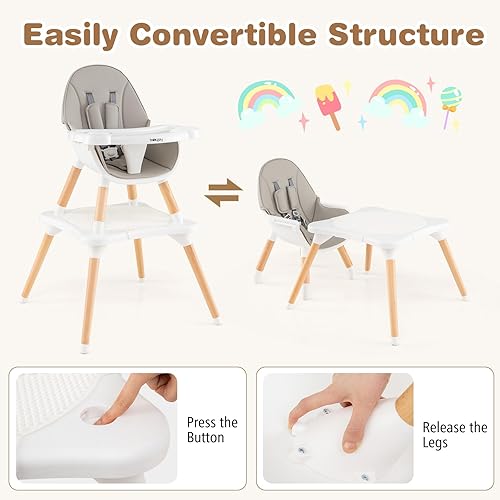 BABY JOY 5 in 1 High Chair, Convertible High Chairs for Babies and Toddlers/Booster Seat/Table and Chair Set, Infant Wooden Highchair w/ 5-Point Harness, 4-Position Removable Tray & PU Cushion, Coffee - Jamouz
