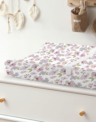 Changing Pad Cover for Baby Boy Girl 2 Pack, Muslin Changing Table Pad Covers with Boho Style, Neutral Nursery Bedding Essentials Soft and Breathable(Dusty Rose & Flower-A) - Jamouz