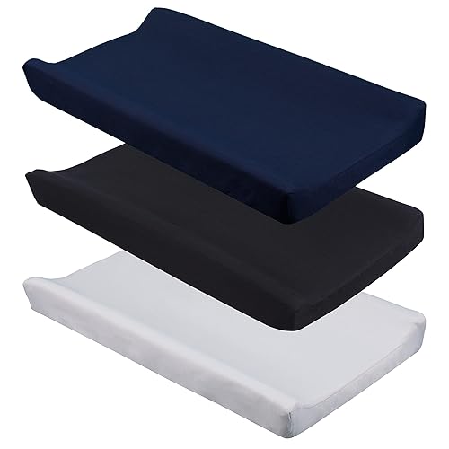 CaSaJa Navy Diaper Changing Pad Cover with Strap Holes Set of 3, Snug Fit 4-Sided Contoured Changing Table Pad 16x31 16x32, Fitted Change Pad Sheet for Baby Boy, 100% Silky Soft Microfiber - Jamouz